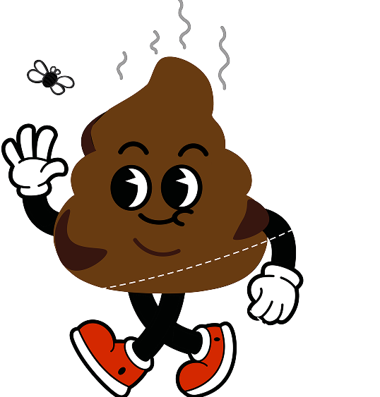 Cartoon poop with arms, legs, and friendly smile.