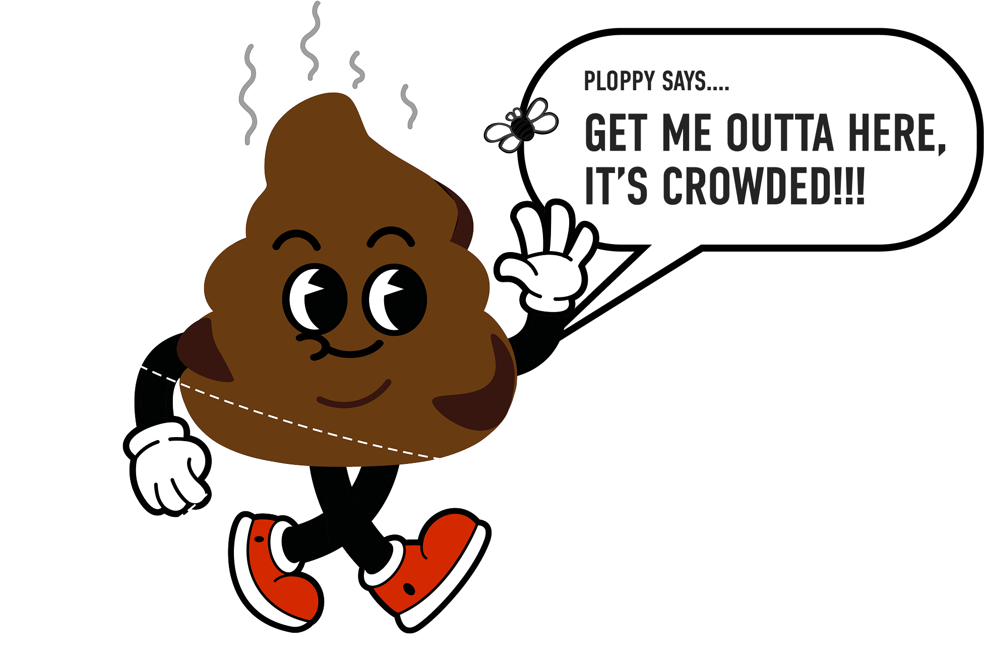 Cartoon poop character waving with speech bubble.