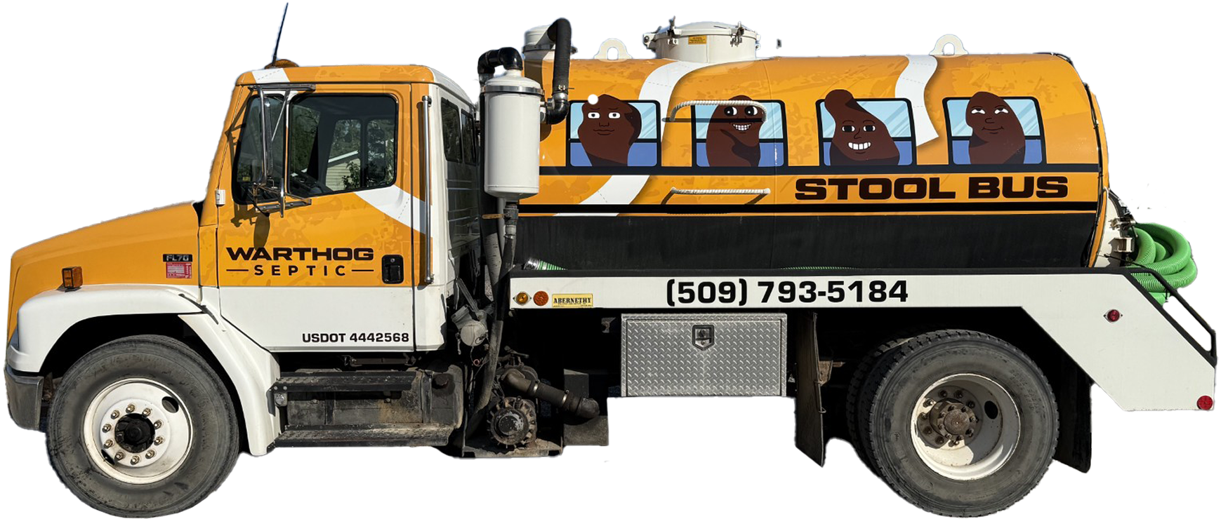 Humorous septic truck labeled 'Stool Bus' with faces
