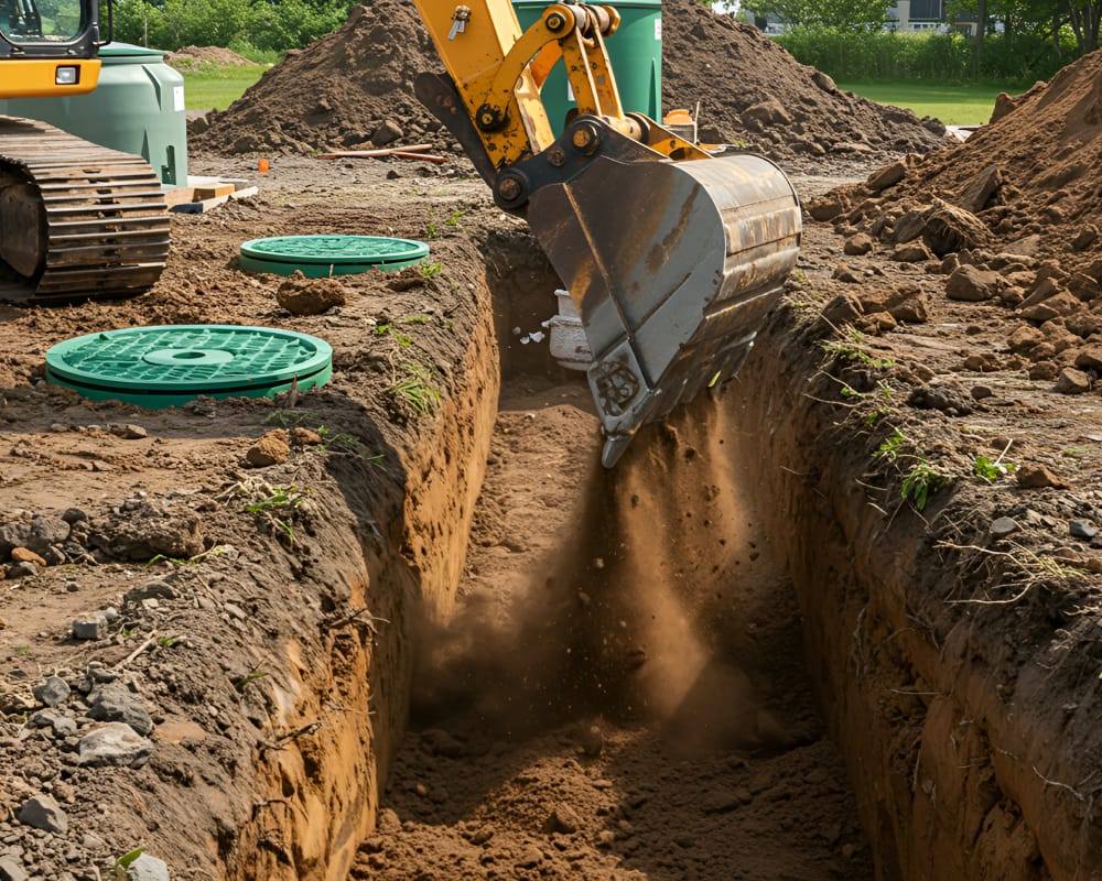 Backhoe digging trench for septic tank installation.